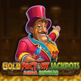 Gold Factory Jackpots Mega Moolah slot logo by Aurum Signature Studios at Duffspin Casino